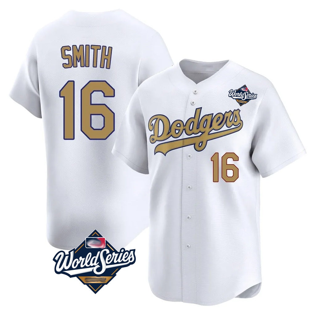 Los Angeles Dodgers #16 Will Smith Player White Gold AmberGomez World Series Collection Limited Home Stitched Jerseys