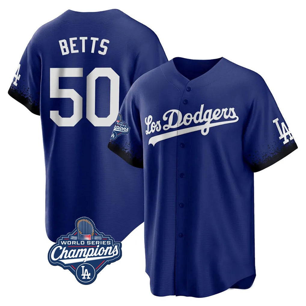 Los Angeles Dodgers #50 Mookie Betts Player Royal AmberGomez World Series Meet City Connect Home Game Stitched Jerseys