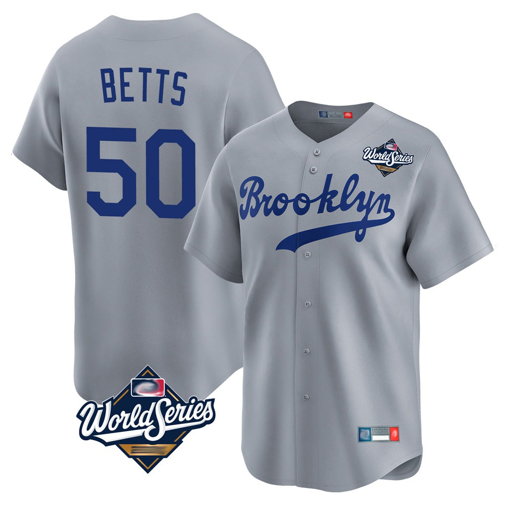 Los Angeles Dodgers #50 Mookie Betts Player Gray AmberGomez World Series Game Limited Home Stitched Jerseys