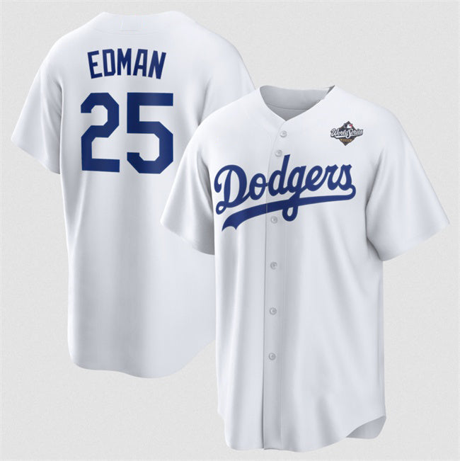 Los Angeles Dodgers #25 Tommy Edman White AmberGomez 2025 World Series Home Cool Base Stitched Jersey
