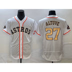 Houston Astros #27 Jose Altuve 2023 White Gold AmberGomez World Serise Champions Patch Flex Base Stitched Jersey