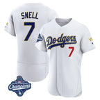 Los Angeles Dodgers #7 Blake Snell Player Gold White AmberGomez 2026 Collection Stadium Limited Elite World Series Meet Stitched Jerseys