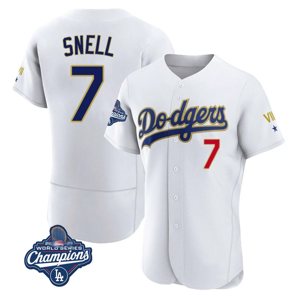 Los Angeles Dodgers #7 Blake Snell Player Gold White AmberGomez 2026 Collection Stadium Limited Elite World Series Meet Stitched Jerseys