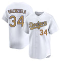Los Angeles Dodgers #34 Fernando Valenzuela Player White Gold AmberGomez Collection Limited Home Stitched Jerseys