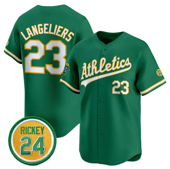 Oakland Athletics #23 Shea Langeliers Green AmberGomez 2024 Limited With Rickey Henderson Patch Stitched Jersey