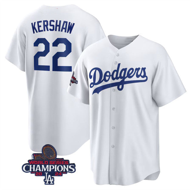 Los Angeles Dodgers #22 Clayton Kershaw White AmberGomez 2024 World Series Champions Cool Base Stitched Jersey