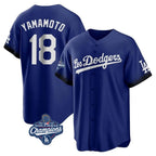 Los Angeles Dodgers #18 Yoshinobu Yamamoto Player Royal AmberGomez World Series Meet City Connect Home Game Stitched Jerseys