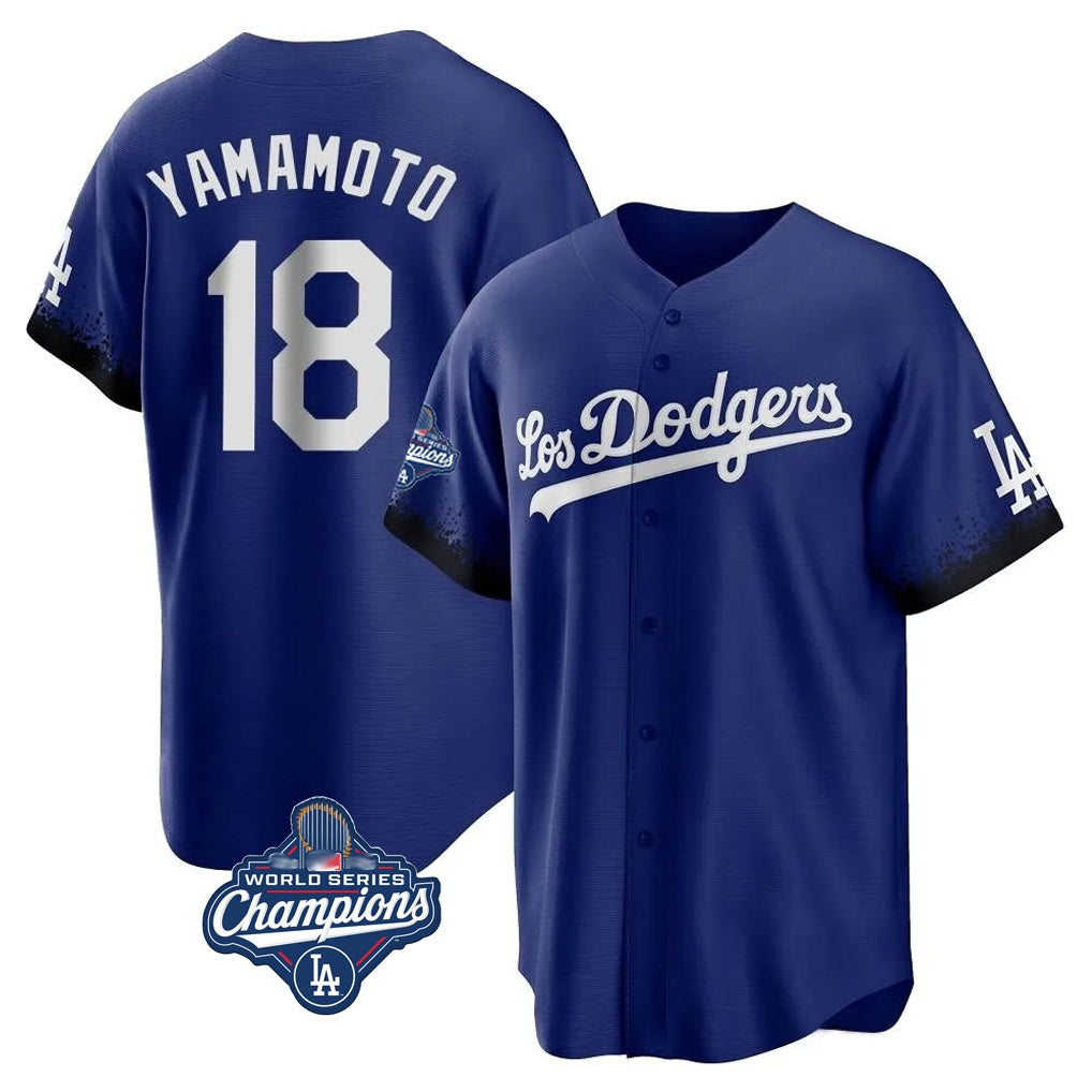 Los Angeles Dodgers #18 Yoshinobu Yamamoto Player Royal AmberGomez World Series Meet City Connect Home Game Stitched Jerseys