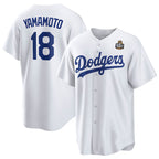 Los Angeles Dodgers #18 Yoshinobu Yamamoto White AmberGomez 2024 World Series Cool Base Stitched Jersey