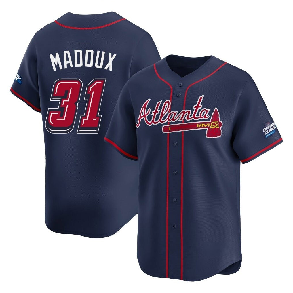 Atlanta Braves #31 Greg Maddux Player Navy AmberGomez 2025 Speedway Classic Home Game Stitched Jerseys