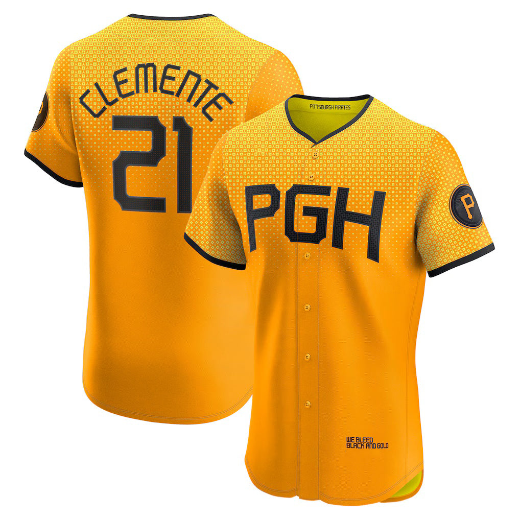 Pittsburgh Pirates #21 Roberto Clemente Gold AmberGomez City Connect Elite Player Jersey