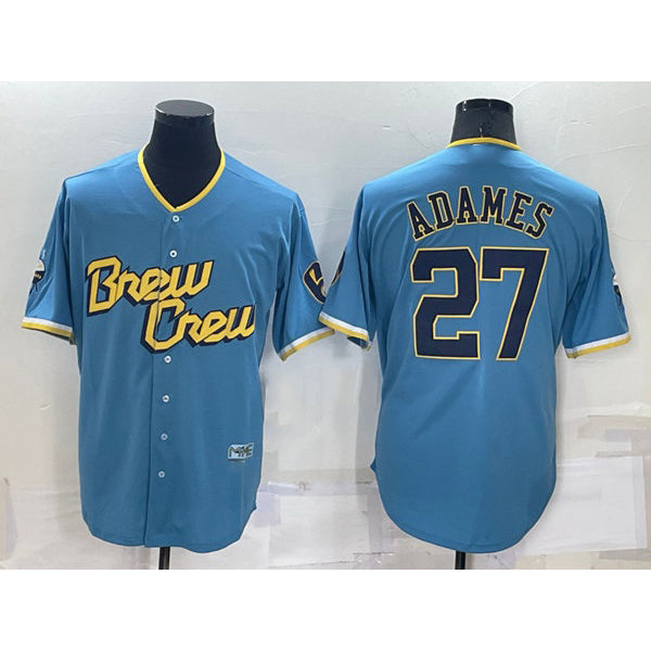 Milwaukee Brewers #27 Willy Adames 2022 Powder Blue AmberGomez City Connect Cool Base Stitched Jersey
