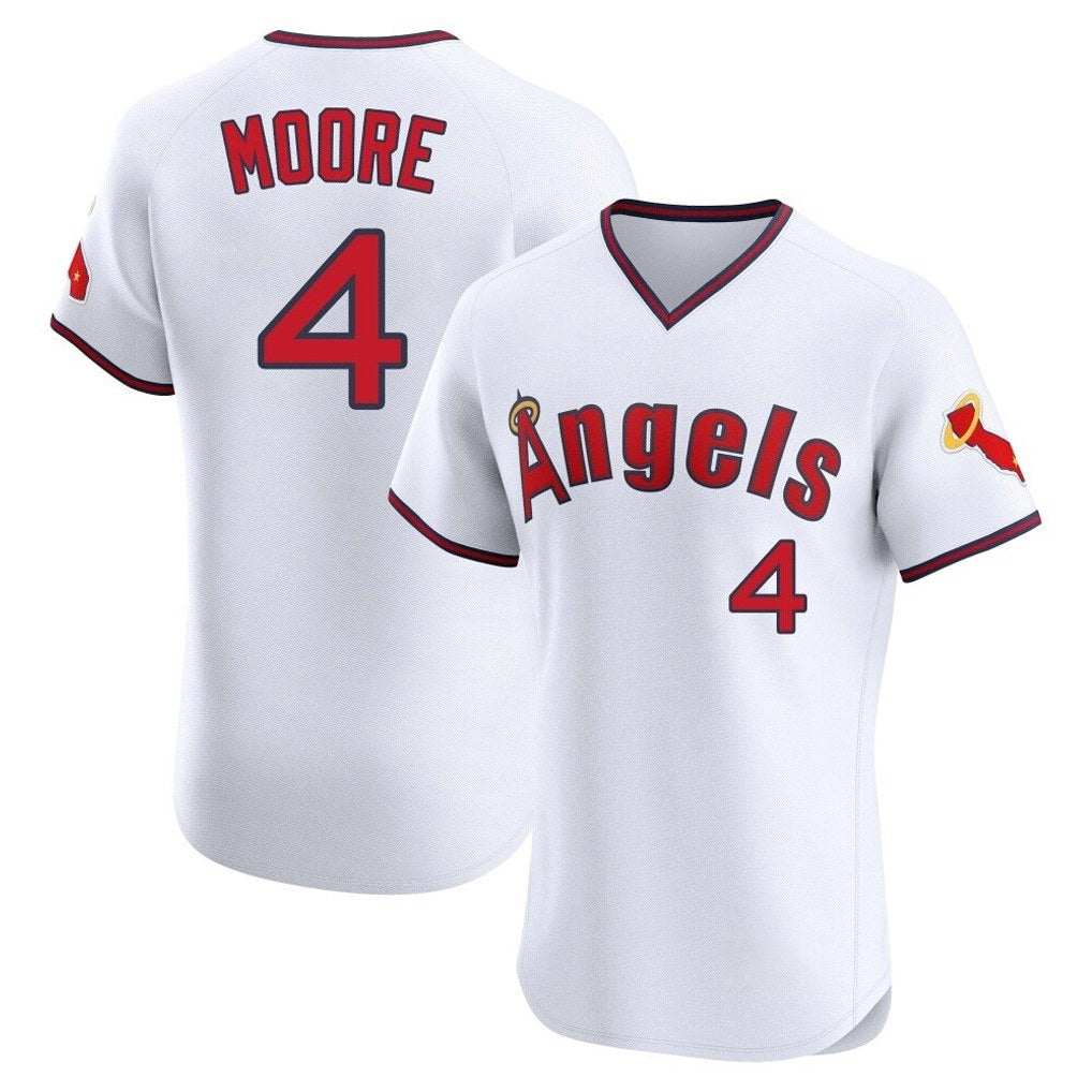 Los Angeles Angels #4 Christian Moore Player White AmberGomez T-shirt Home Limited Elite Stitched Jerseys