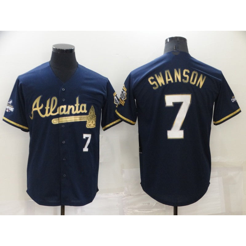 Atlanta Braves #7 Dansby Swanson Navy Blue AmberGomez 2021 World Series Champions Golden Edition Stitched Cool Base Jersey