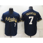 Atlanta Braves #7 Dansby Swanson Navy Blue AmberGomez 2021 World Series Champions Golden Edition Stitched Cool Base Jersey