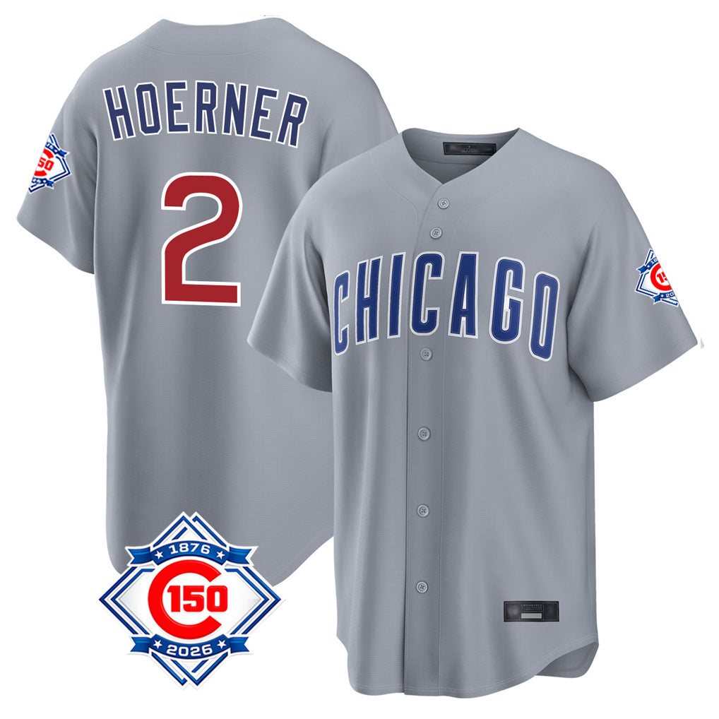 Chicago Cubs #2 Nico Hoerner Player Gray AmberGomez 150th Anniversary Home Game Stitched Jerseys