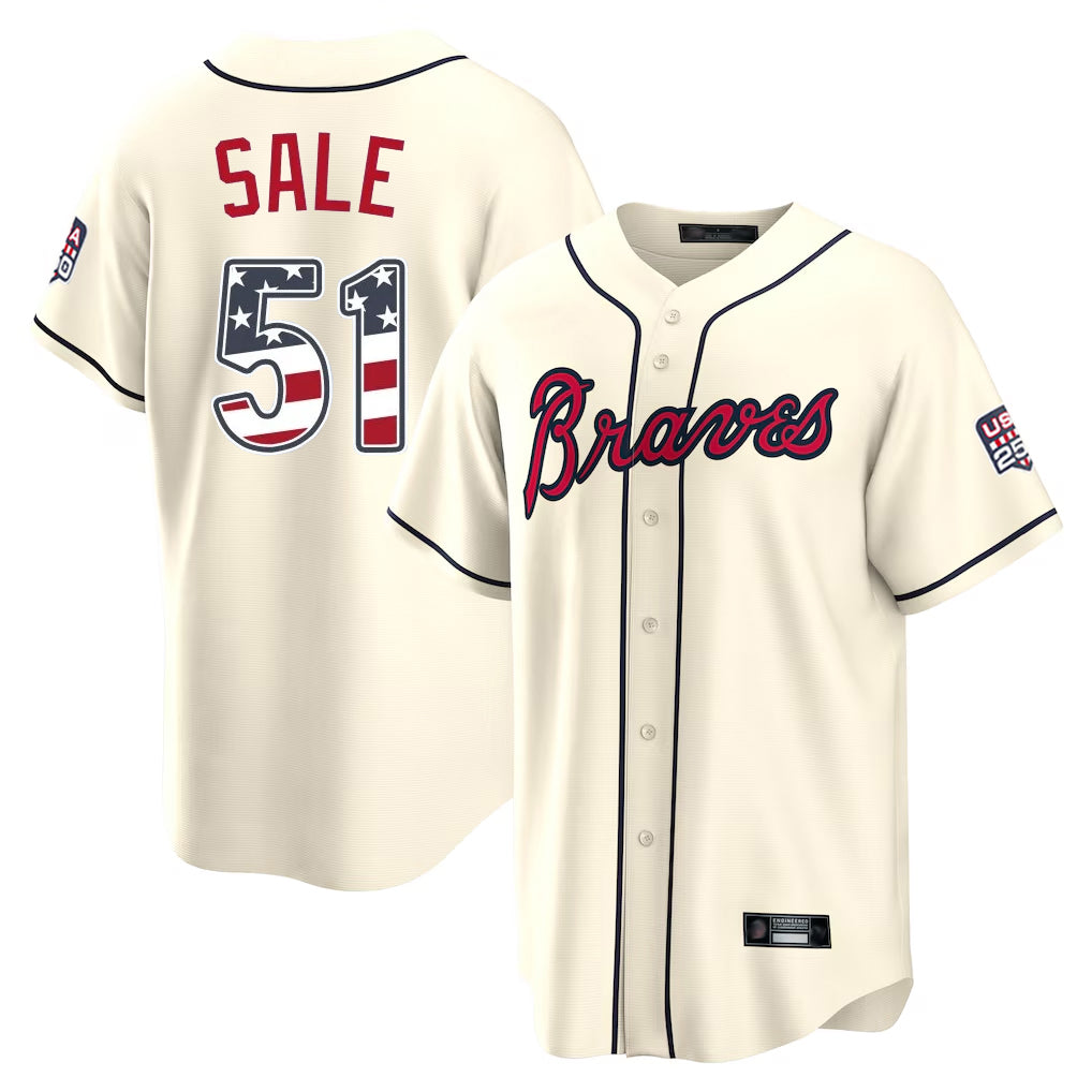 Atlanta Braves #51 Chris Sale Player Cream AmberGomez USA 250 Fourth Of July Limited Home Game Stitched Jerseys