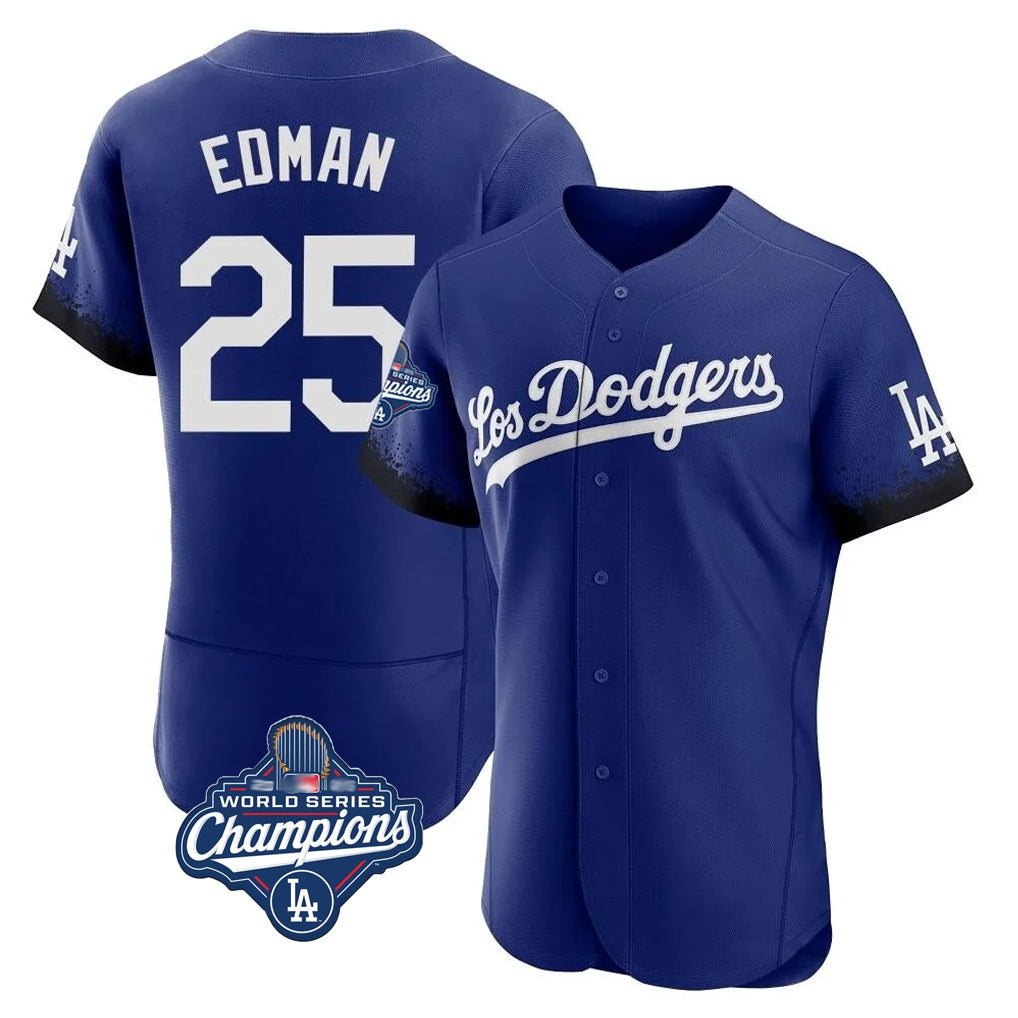 Los Angeles Dodgers #25 Tommy Edman Player Royal AmberGomez World Series Meet City Connect Elite Home Stitched Jerseys