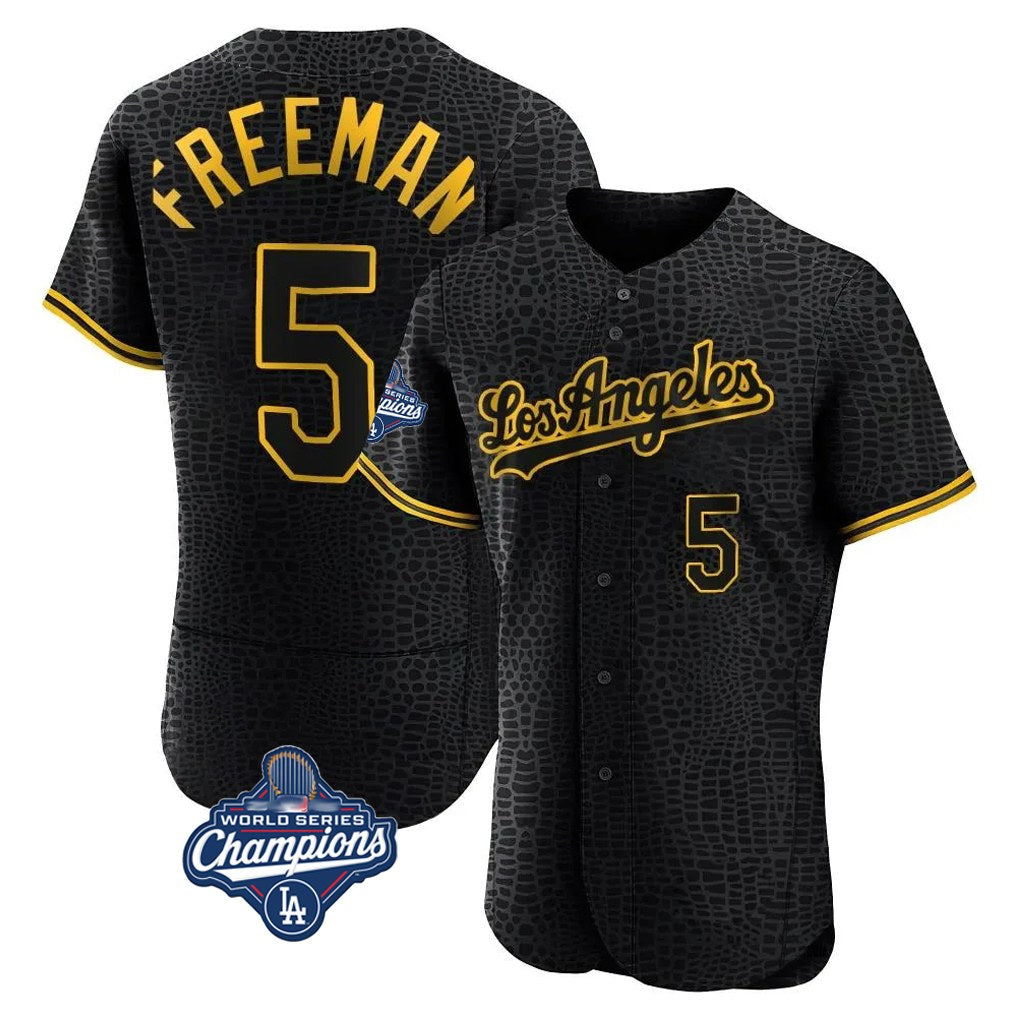 Los Angeles Dodgers #5 Freddie Freeman Player Black AmberGomez World Series Meet Snake Skin City Limited Elite Home Stitched Jerseys