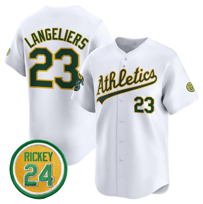 Oakland Athletics #23 Shea Langeliers White AmberGomez 2024 Home Limited With Rickey Henderson Patch Stitched Jersey