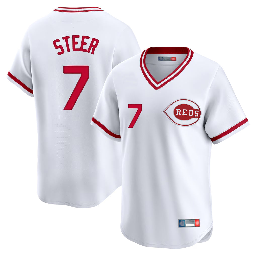 Cincinnati Reds #7 Spencer Steer Player White AmberGomez Cooperstown Collection Limited T-shirt Home Stitched Jerseys
