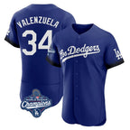 Los Angeles Dodgers #34 Fernando Valenzuela Player Royal AmberGomez World Series Meet City Connect Elite Home Stitched Jerseys