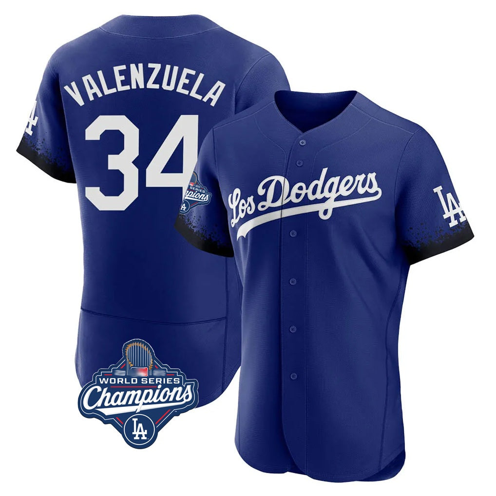 Los Angeles Dodgers #34 Fernando Valenzuela Player Royal AmberGomez World Series Meet City Connect Elite Home Stitched Jerseys