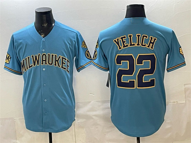 Milwaukee Brewers #22 Christian Yelich Blue AmberGomez With Home & Bob Uecker Patch Stitched Jersey