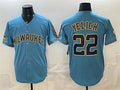 Milwaukee Brewers #22 Christian Yelich Blue AmberGomez With Home & Bob Uecker Patch Stitched Jersey