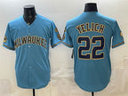 Milwaukee Brewers #22 Christian Yelich Blue AmberGomez With Home & Bob Uecker Patch Stitched Jersey