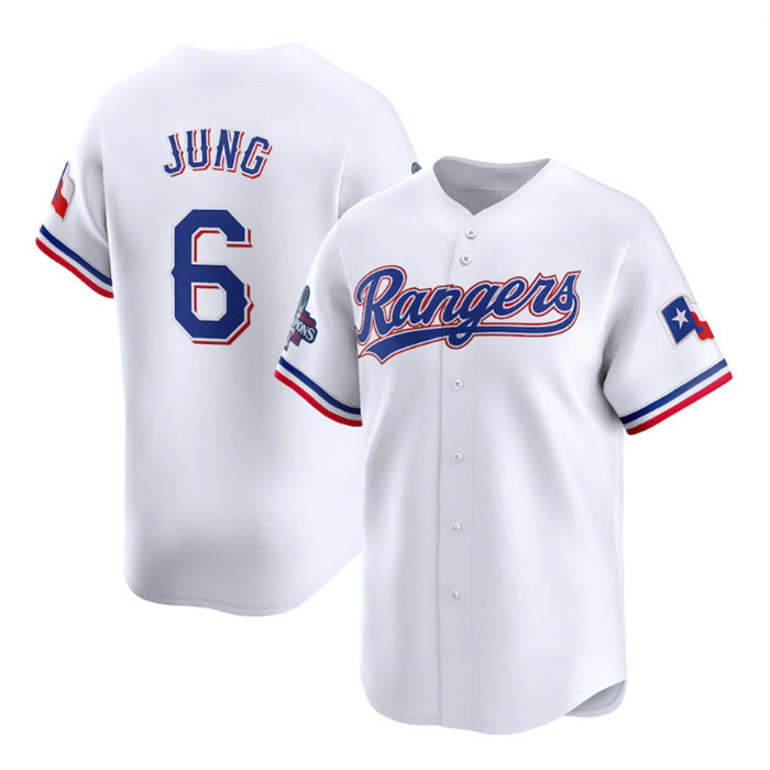 Texas Rangers #6 Josh Jung White AmberGomez 2023 World Series Champions Stitched Jersey