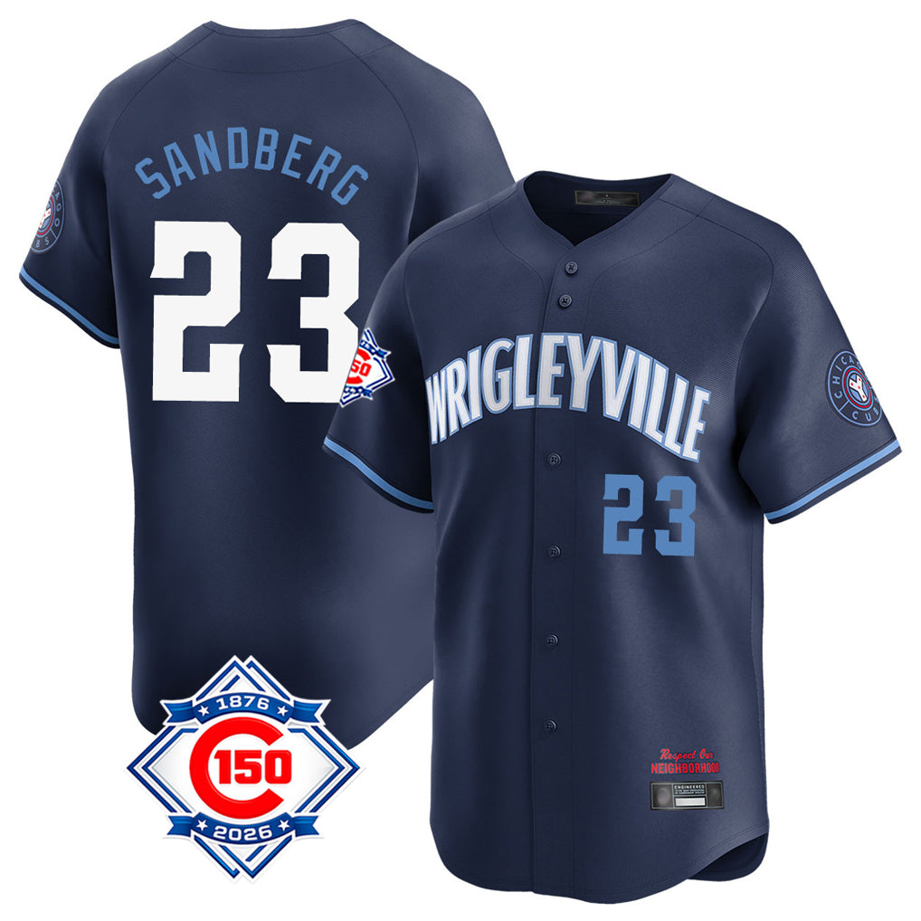Chicago Cubs #23 Ryne Sandberg Player Navy AmberGomez City Connect 150th Anniversary Limited Home Stitched Jerseys