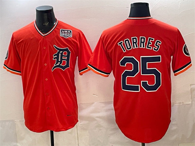 Detroit Tigers #25 Gleyber Torres Orange AmberGomez 2026 Alternate USA 250' Patch Vapor Premier Limited Stitched Jersey