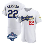 Los Angeles Dodgers #22 Clayton Kershaw Player Gold White AmberGomez World Series Meet 2026 Collection Stadium Limited Elite Stitched Jerseys