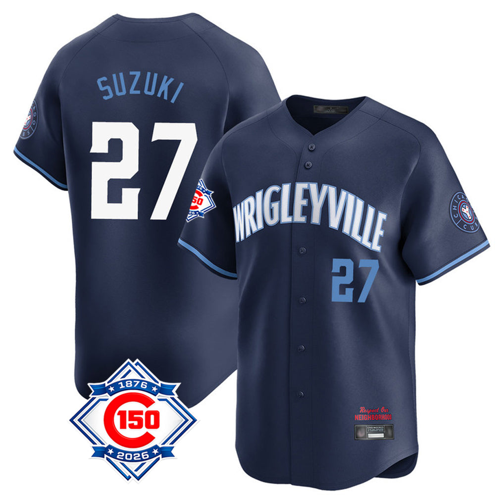 Chicago Cubs #27 Seiya Suzuki Player Navy AmberGomez City Connect 150th Anniversary Limited Home Stitched Jerseys