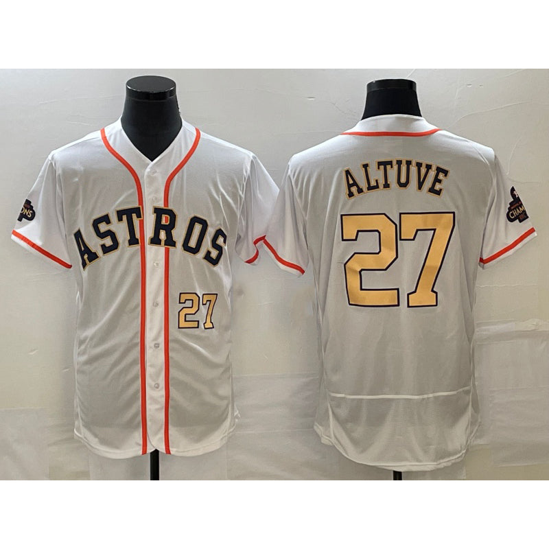 Houston Astros #27 Jose Altuve Number 2023 White AmberGomez Gold World Serise Champions Patch Flex Base Stitched Jersey 3
