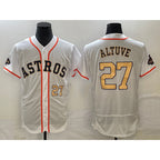 Houston Astros #27 Jose Altuve Number 2023 White AmberGomez Gold World Serise Champions Patch Flex Base Stitched Jersey 3