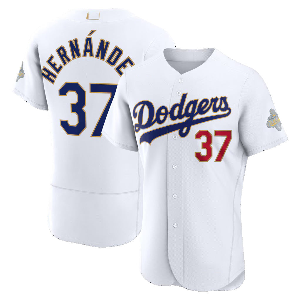 Los Angeles Dodgers #37 Teoscar Hern¨¢ndez White AmberGomez 2026 Gold Collection Authentic Jersey
