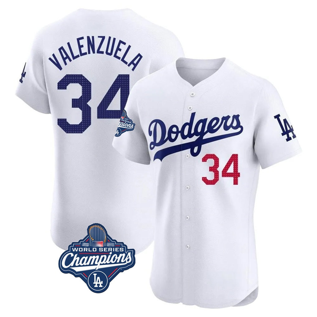 Los Angeles Dodgers #34 Fernando Valenzuela Player White AmberGomez World Series Meet Limited Elite Home Stitched Jerseys