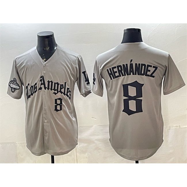 Los Angeles Dodgers #8 Enrique Hern¨¢ndez Grey AmberGomez LA Gothic Style With 2025 World Series Champions Patch Limited Stitched Jersey