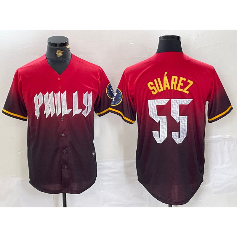 Philadelphia Phillies #55 Ranger Suarez Red AmberGomez 2024 City Player Number Cool Base Jersey 2