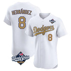 Los Angeles Dodgers #8 Enrique Hern¨¢ndez Player White Gold AmberGomez World Series Limited Elite Home Stitched Jerseys