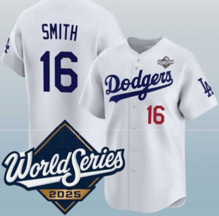Los Angeles Dodgers #16 Will Smith White AmberGomez 2025 World Series Home Limited Stitched Jersey