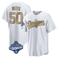 Los Angeles Dodgers #50 Mookie Betts Player White Gold AmberGomez World Series Meet Collection Limited Home Stitched Jerseys