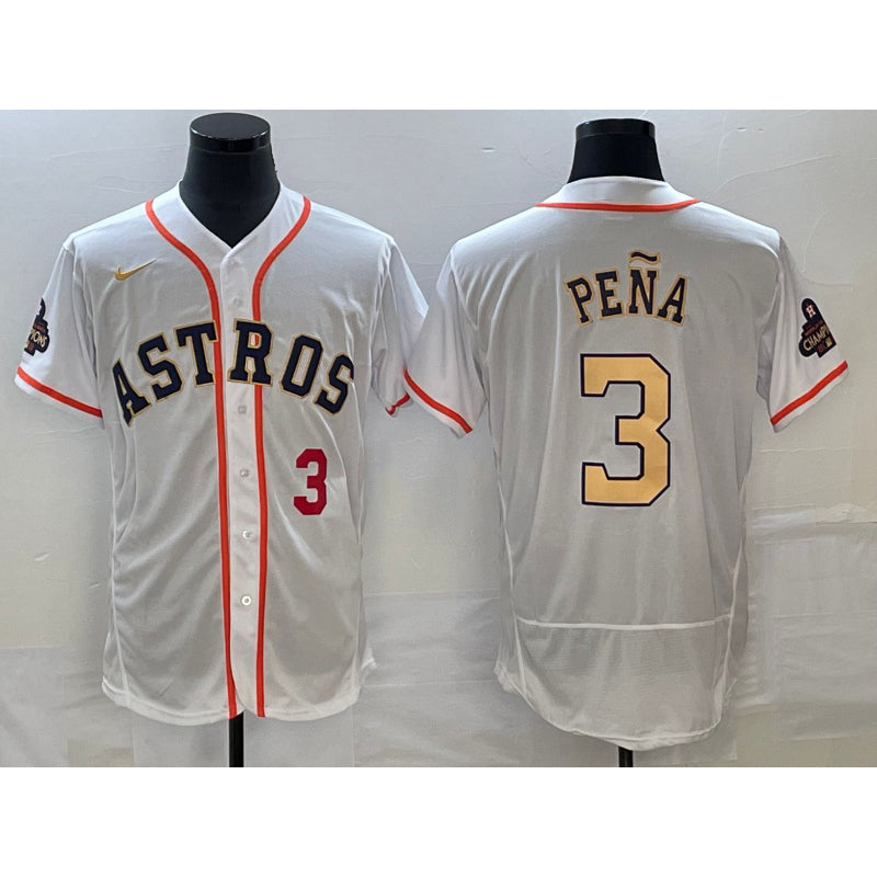 Houston Astros #3 Jeremy Pena Number 2023 White Gold AmberGomez World Serise Champions Patch Flex Base Stitched Jersey