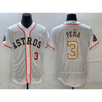 Houston Astros #3 Jeremy Pena Number 2023 White Gold AmberGomez World Serise Champions Patch Flex Base Stitched Jersey