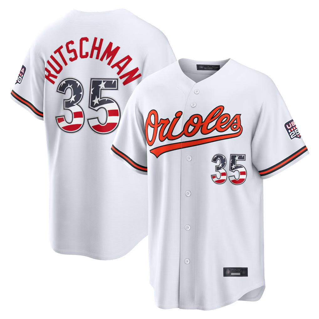 Baltimore Orioles #35 Adley Rutschman Player White AmberGomez USA 250 Fourth of July Home Game Stitched Jerseys