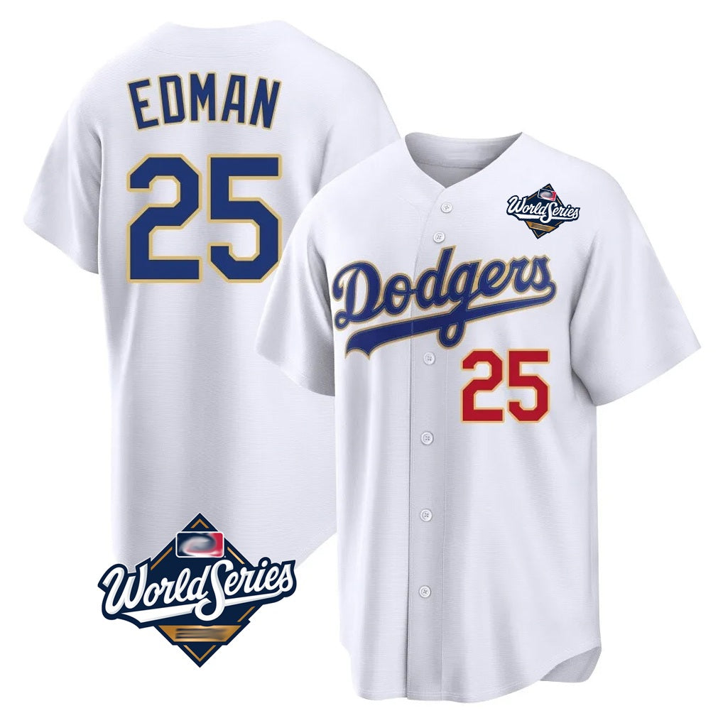 Los Angeles Dodgers #25 Tommy Edman Player Gold White AmberGomez World Series 2026 Collection Stadium Limited Stitched Jerseys