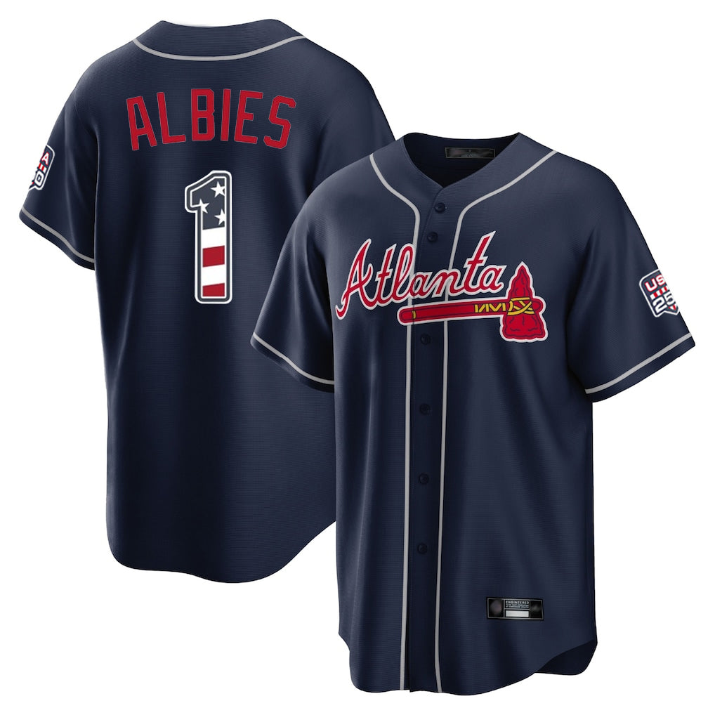 Atlanta Braves #1 Ozzie Albies Player Navy AmberGomez USA 250 Fourth Of July Limited Home Game Stitched Jerseys
