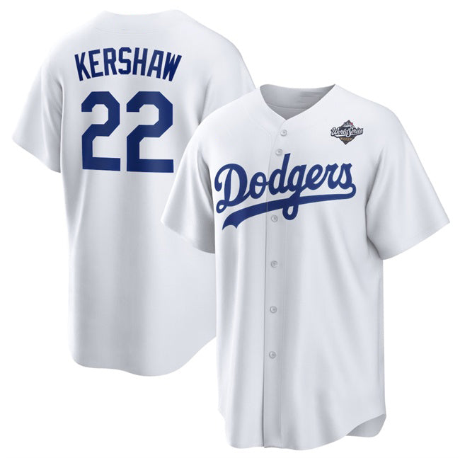 Los Angeles Dodgers #22 Clayton Kershaw White AmberGomez 2025 World Series Home Cool Base Stitched Jersey